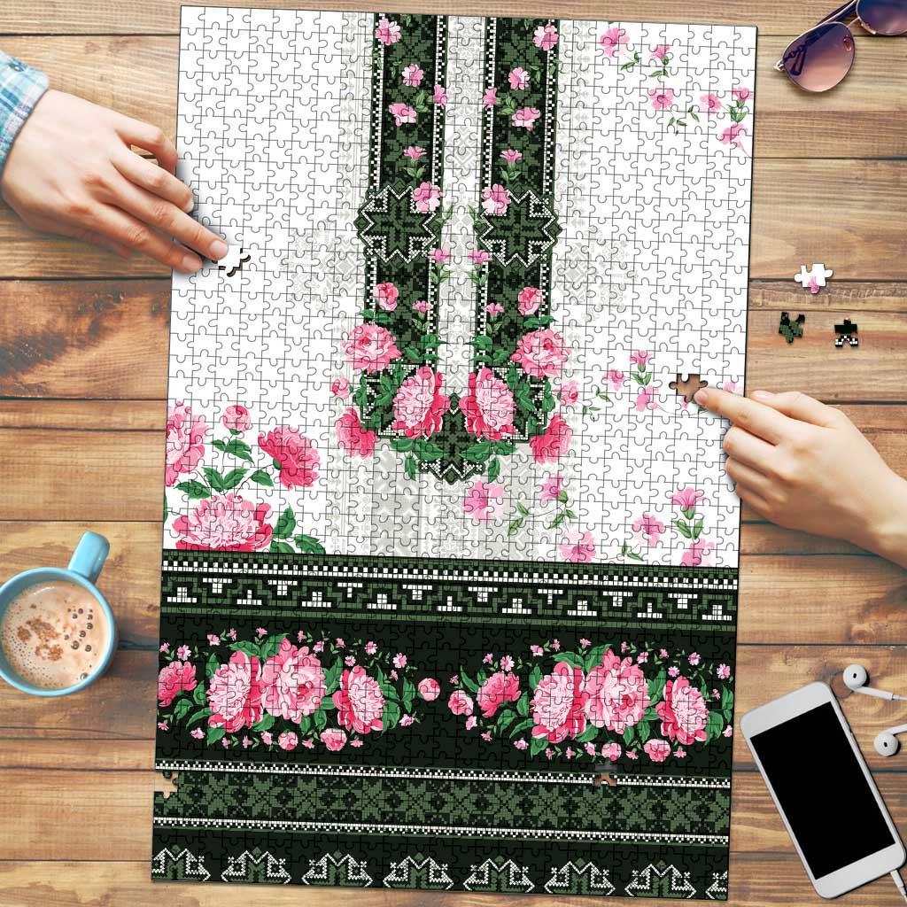 Green Romanian National Costume Puzzle Peony Flowers Traditional Folk Pattern - Wonder Print Shop
