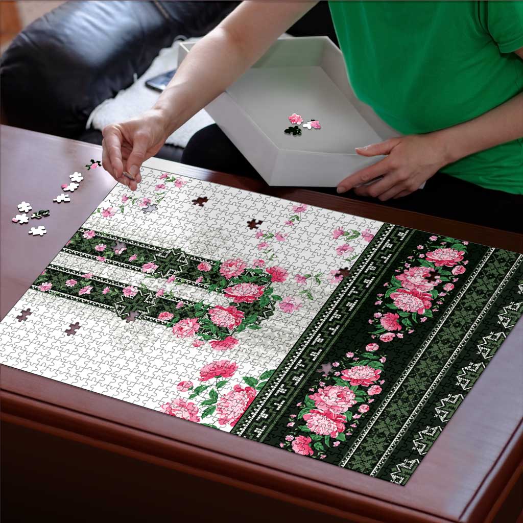 Green Romanian National Costume Puzzle Peony Flowers Traditional Folk Pattern - Wonder Print Shop