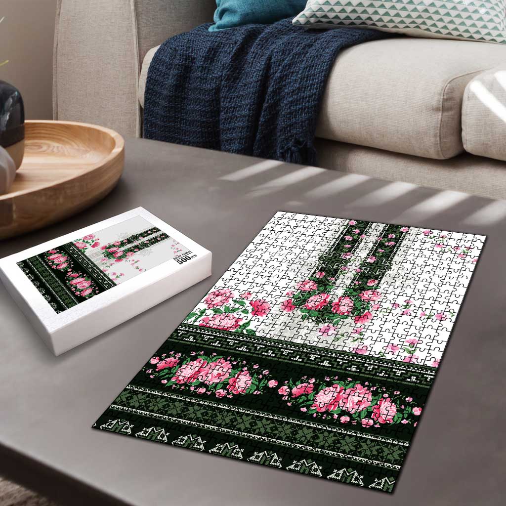 Green Romanian National Costume Puzzle Peony Flowers Traditional Folk Pattern - Wonder Print Shop