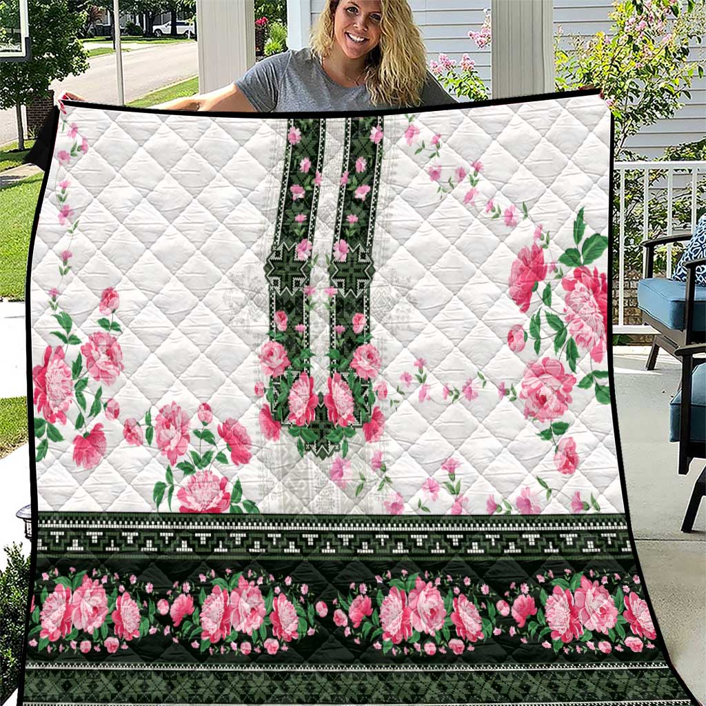 Green Romanian National Costume Quilt Peony Flowers Traditional Folk Pattern - Wonder Print Shop
