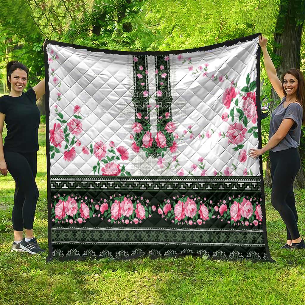 Green Romanian National Costume Quilt Peony Flowers Traditional Folk Pattern - Wonder Print Shop
