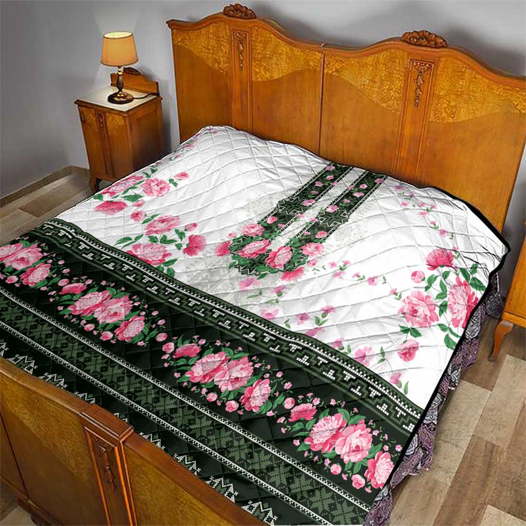 Green Romanian National Costume Quilt Peony Flowers Traditional Folk Pattern - Wonder Print Shop