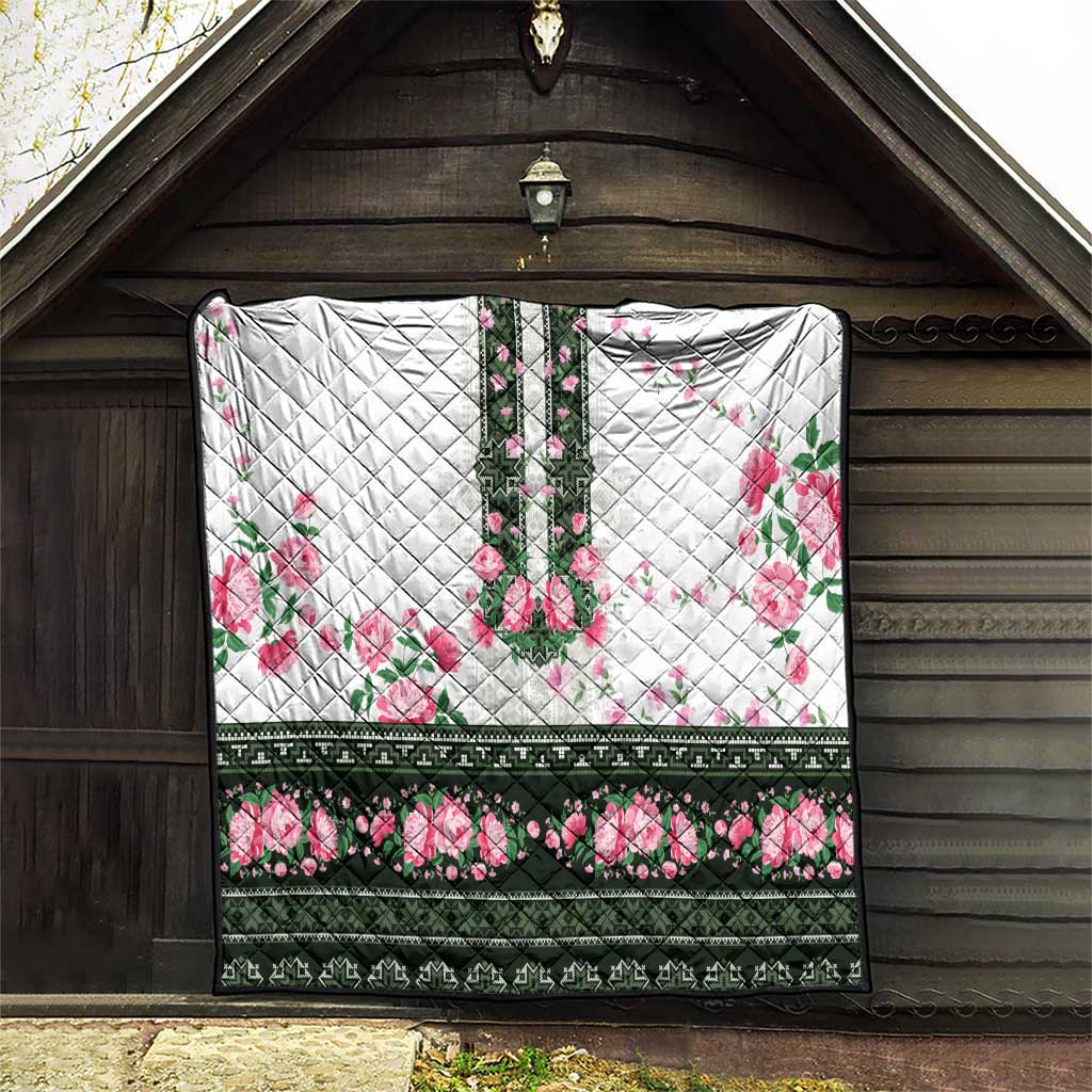 Green Romanian National Costume Quilt Peony Flowers Traditional Folk Pattern - Wonder Print Shop