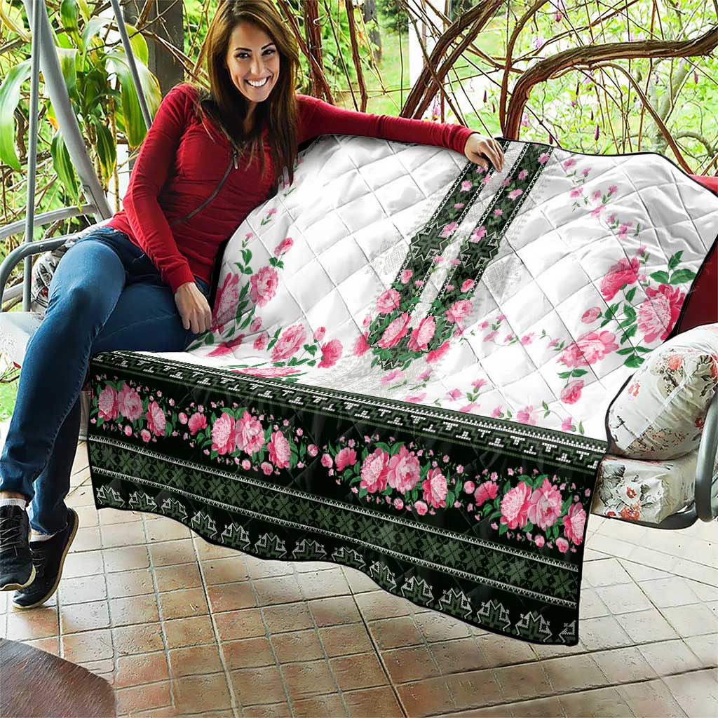 Green Romanian National Costume Quilt Peony Flowers Traditional Folk Pattern - Wonder Print Shop