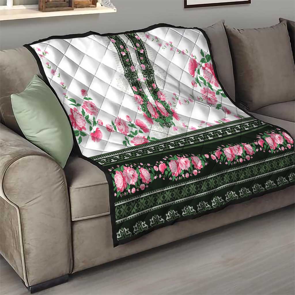 Green Romanian National Costume Quilt Peony Flowers Traditional Folk Pattern - Wonder Print Shop
