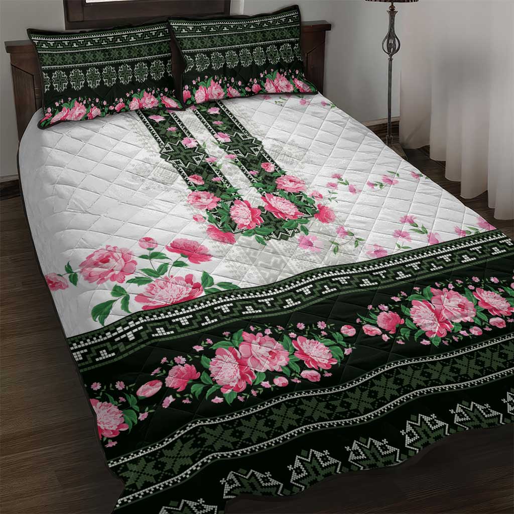 Green Romanian National Costume Quilt Bed Set Peony Flowers Traditional Folk Pattern - Wonder Print Shop