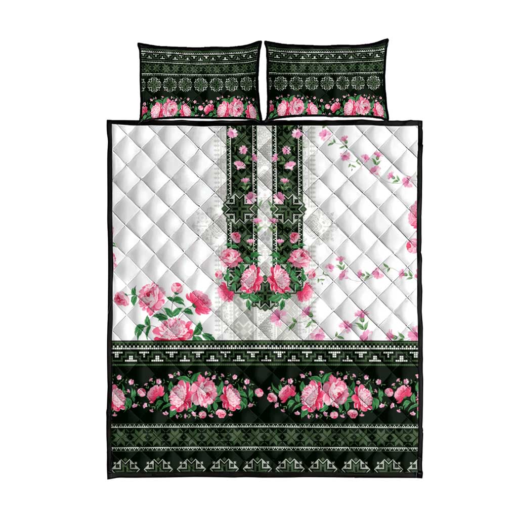 Green Romanian National Costume Quilt Bed Set Peony Flowers Traditional Folk Pattern - Wonder Print Shop