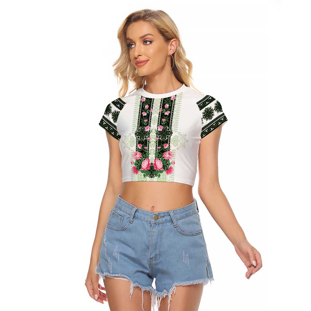 Green Romanian National Costume Raglan Cropped T Shirt Peony Flowers Traditional Folk Pattern - Wonder Print Shop
