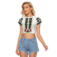Green Romanian National Costume Raglan Cropped T Shirt Peony Flowers Traditional Folk Pattern - Wonder Print Shop