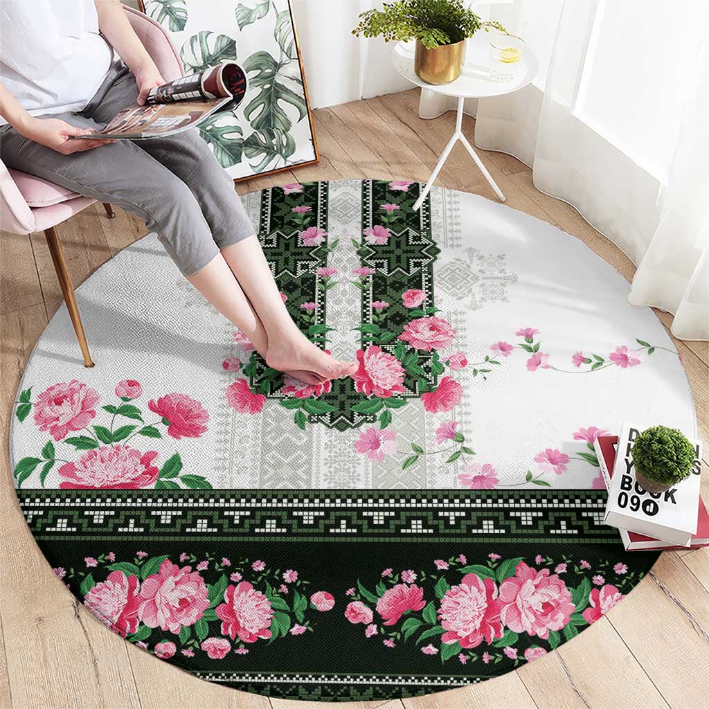 Green Romanian National Costume Round Carpet Peony Flowers Traditional Folk Pattern - Wonder Print Shop
