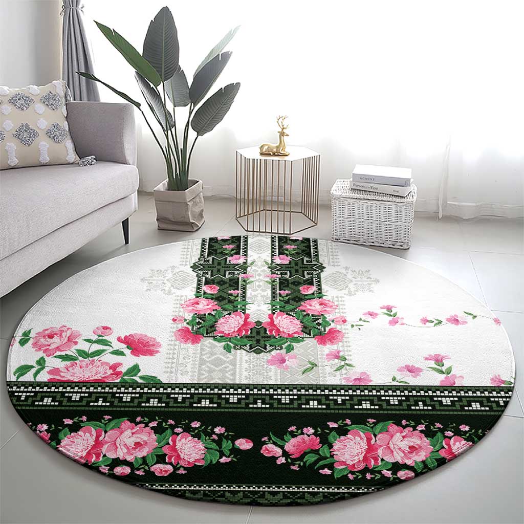 Green Romanian National Costume Round Carpet Peony Flowers Traditional Folk Pattern - Wonder Print Shop