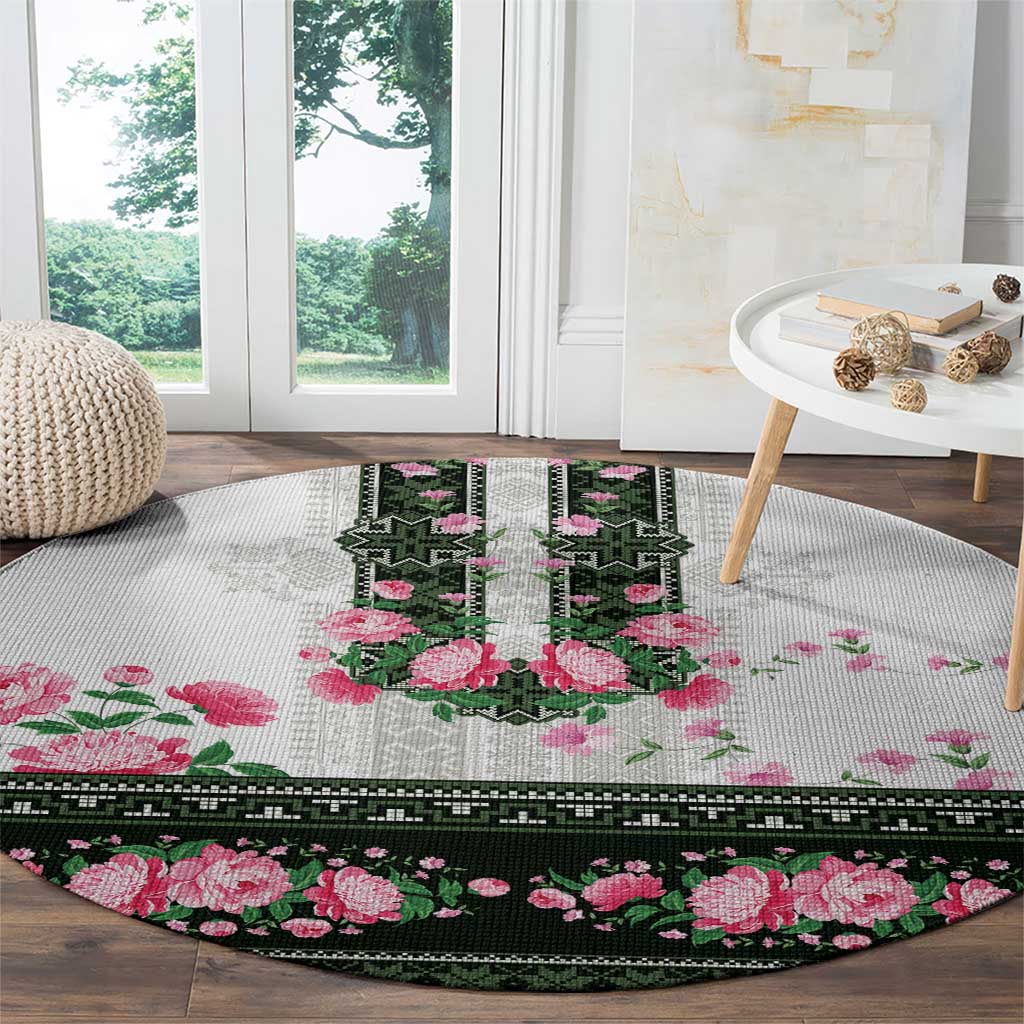 Green Romanian National Costume Round Carpet Peony Flowers Traditional Folk Pattern - Wonder Print Shop