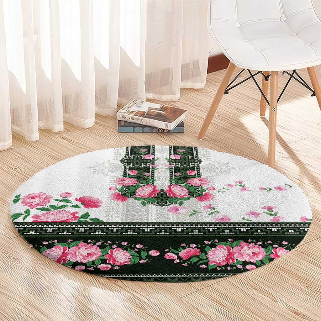 Green Romanian National Costume Round Carpet Peony Flowers Traditional Folk Pattern - Wonder Print Shop