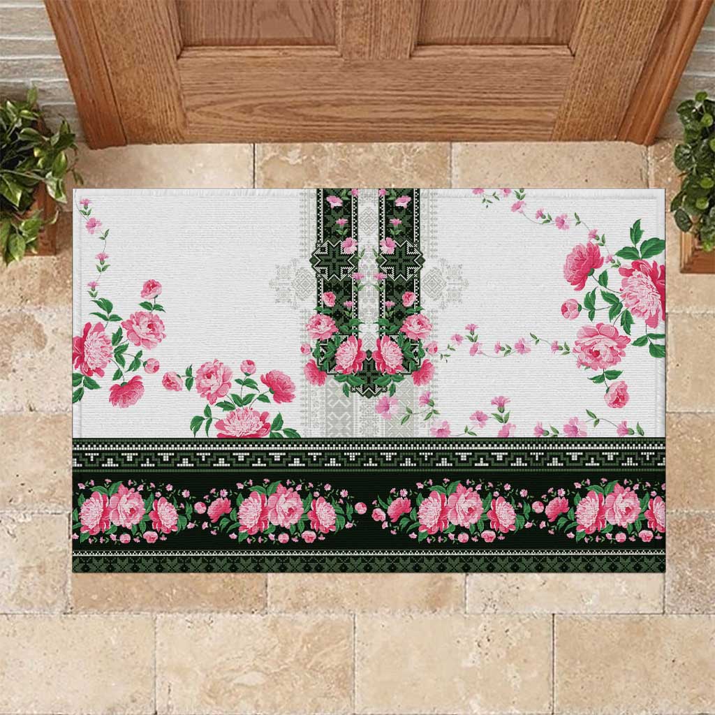 Green Romanian National Costume Rubber Doormat Peony Flowers Traditional Folk Pattern - Wonder Print Shop