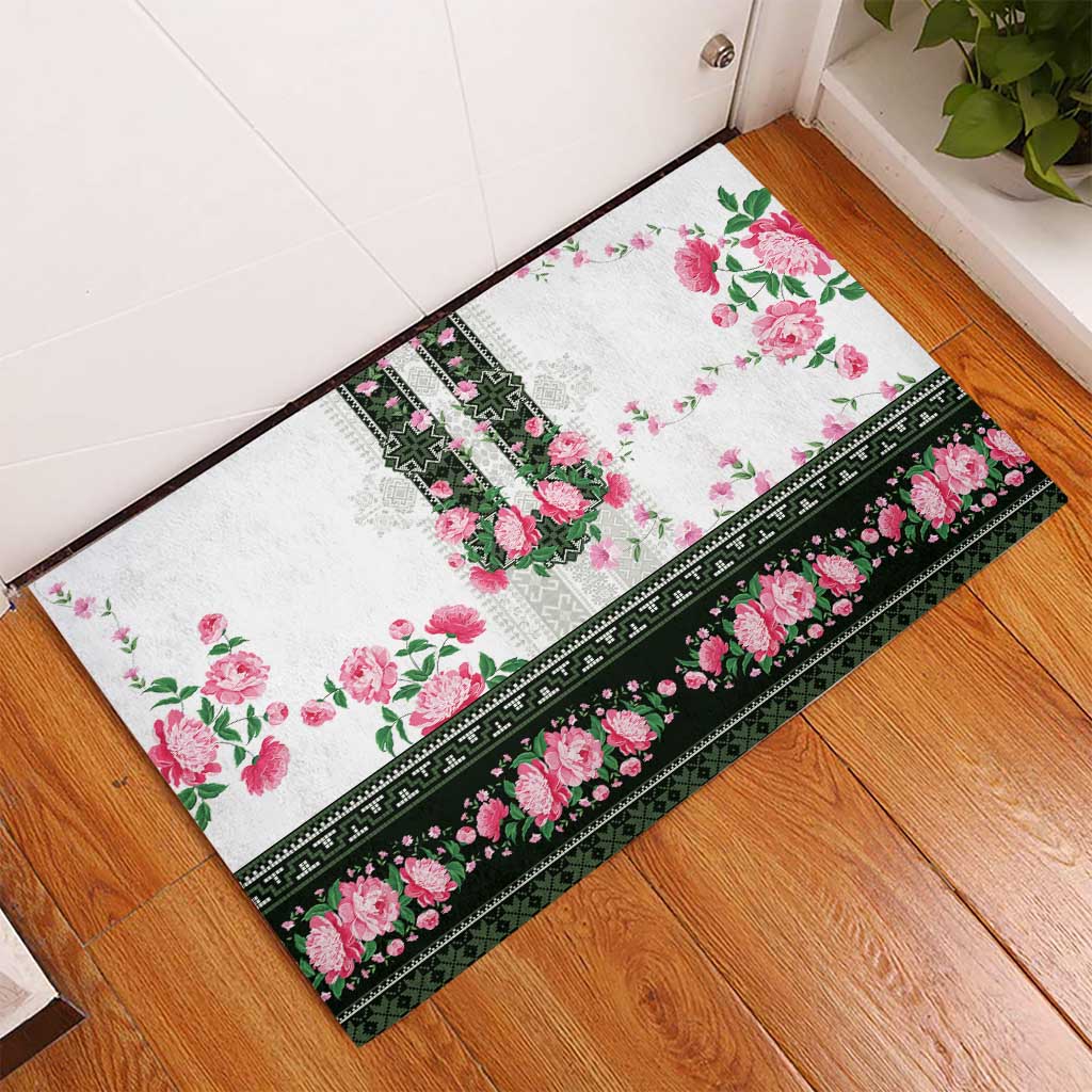 Green Romanian National Costume Rubber Doormat Peony Flowers Traditional Folk Pattern - Wonder Print Shop