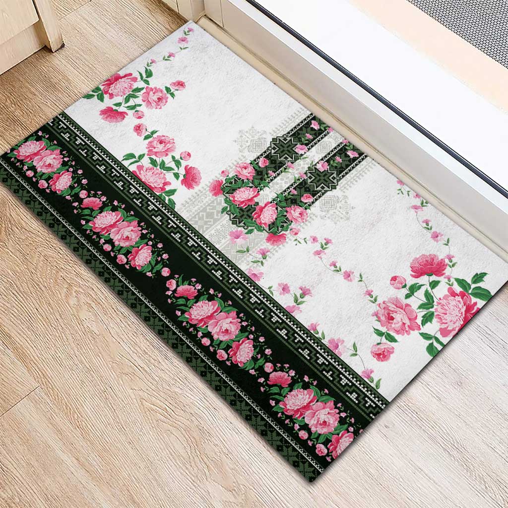 Green Romanian National Costume Rubber Doormat Peony Flowers Traditional Folk Pattern - Wonder Print Shop