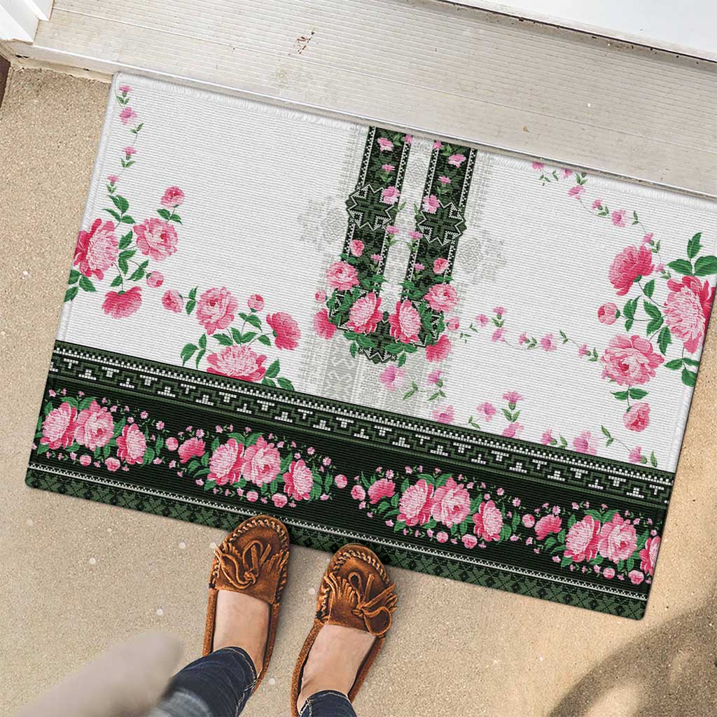Green Romanian National Costume Rubber Doormat Peony Flowers Traditional Folk Pattern - Wonder Print Shop