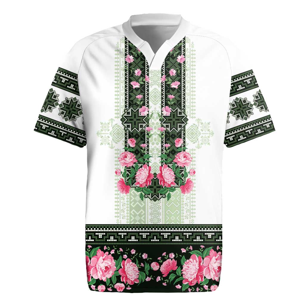 Green Romanian National Costume Rugby Jersey Peony Flowers Traditional Folk Pattern - Wonder Print Shop