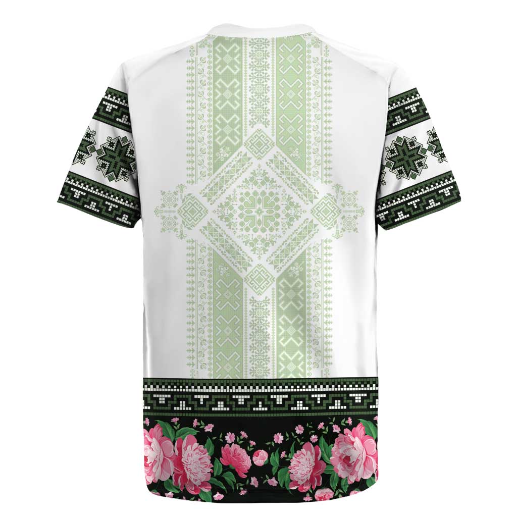 Green Romanian National Costume Rugby Jersey Peony Flowers Traditional Folk Pattern - Wonder Print Shop