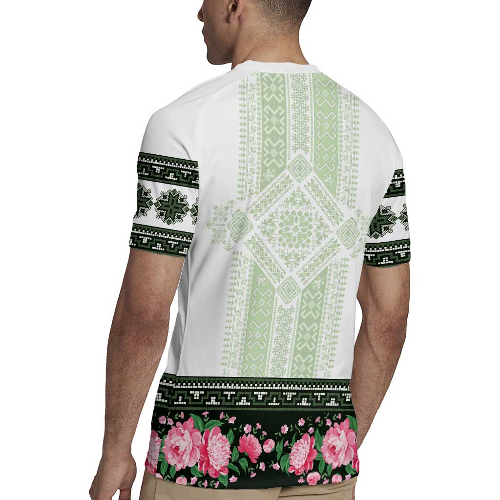 Green Romanian National Costume Rugby Jersey Peony Flowers Traditional Folk Pattern - Wonder Print Shop