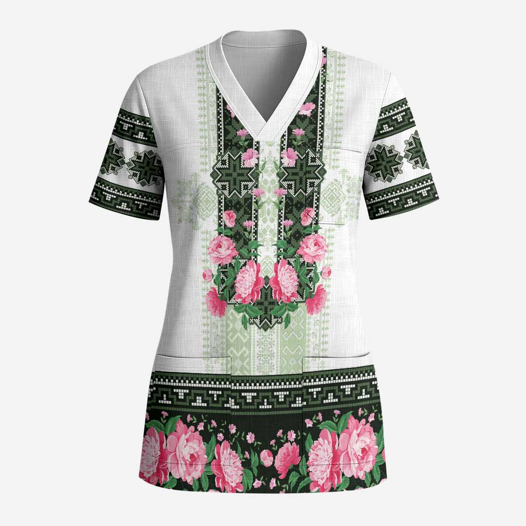 Green Romanian National Costume Scrub Top Peony Flowers Traditional Folk Pattern - Wonder Print Shop