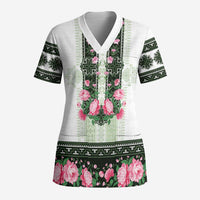 Green Romanian National Costume Scrub Top Peony Flowers Traditional Folk Pattern - Wonder Print Shop