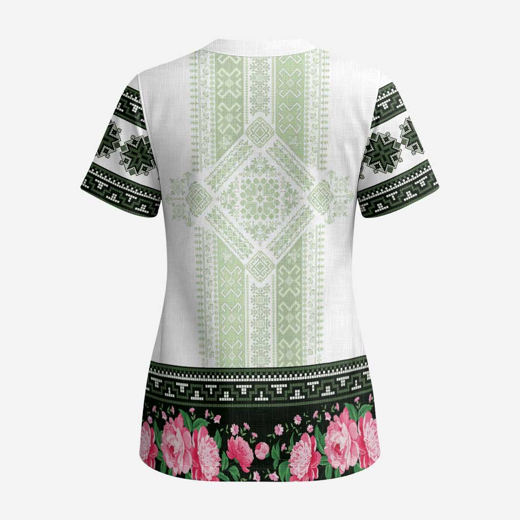 Green Romanian National Costume Scrub Top Peony Flowers Traditional Folk Pattern - Wonder Print Shop