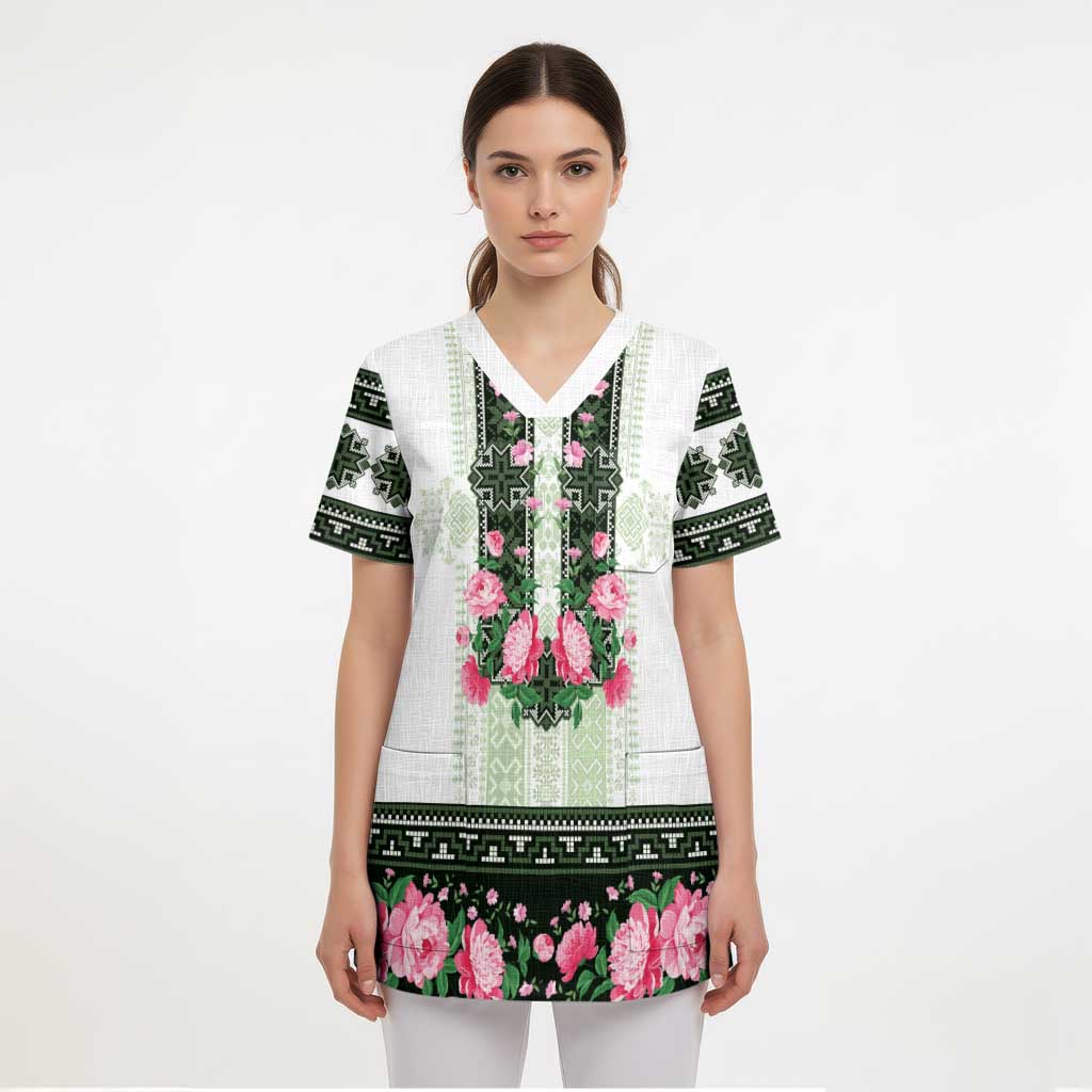 Green Romanian National Costume Scrub Top Peony Flowers Traditional Folk Pattern - Wonder Print Shop