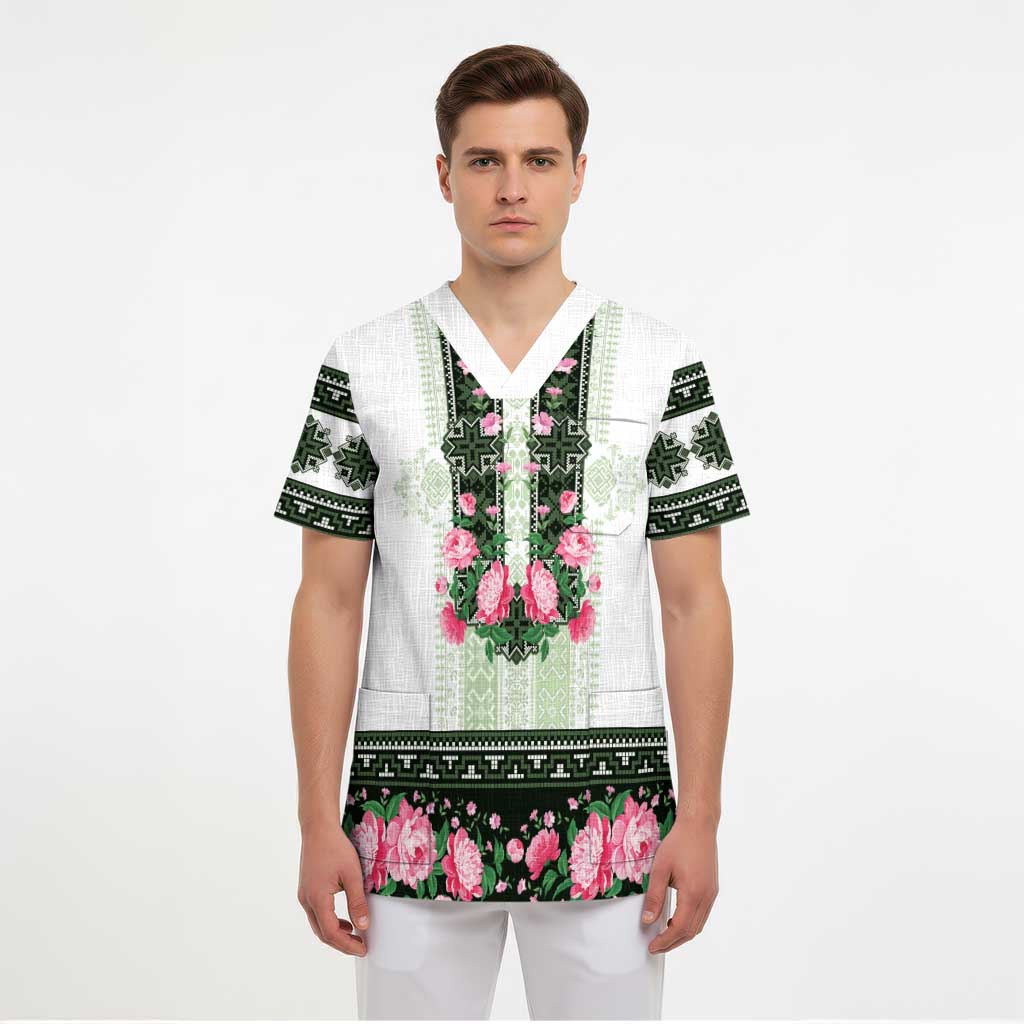 Green Romanian National Costume Scrub Top Peony Flowers Traditional Folk Pattern - Wonder Print Shop