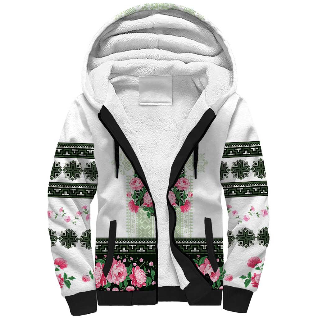 Green Romanian National Costume Sherpa Hoodie Peony Flowers Traditional Folk Pattern - Wonder Print Shop