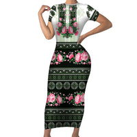 Green Romanian National Costume Short Sleeve Bodycon Dress Peony Flowers Traditional Folk Pattern - Wonder Print Shop
