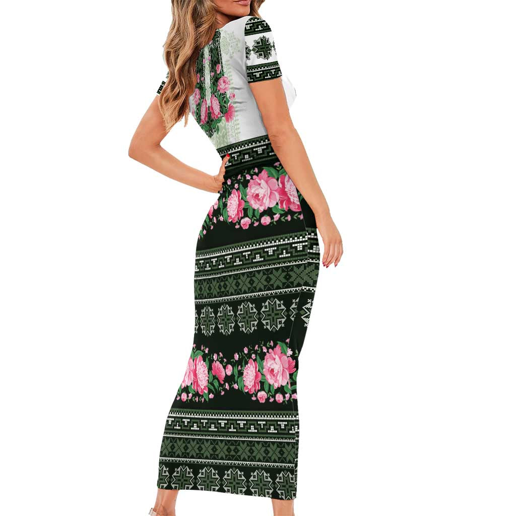 Green Romanian National Costume Short Sleeve Bodycon Dress Peony Flowers Traditional Folk Pattern - Wonder Print Shop
