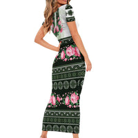 Green Romanian National Costume Short Sleeve Bodycon Dress Peony Flowers Traditional Folk Pattern - Wonder Print Shop
