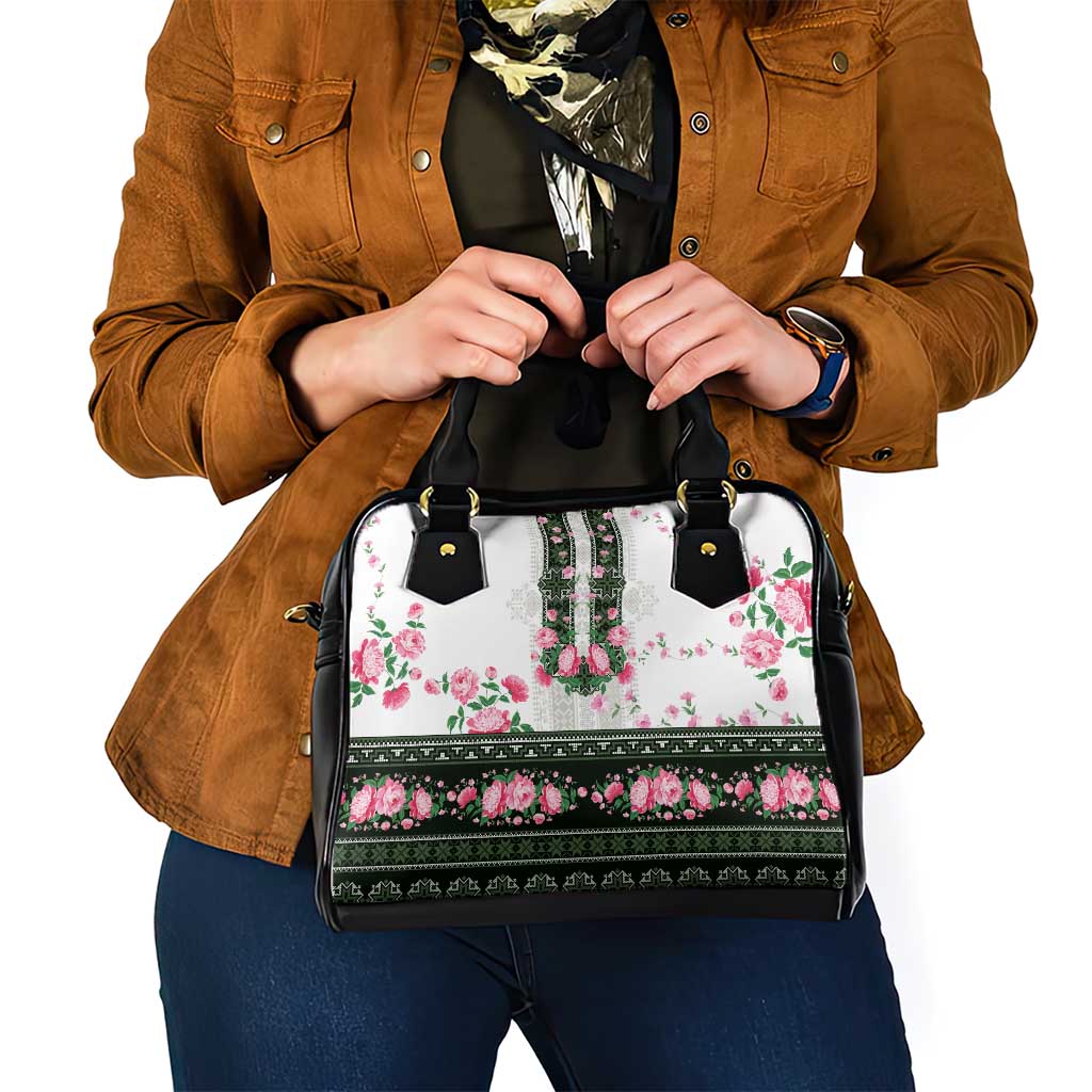 Green Romanian National Costume Shoulder Handbag Peony Flowers Traditional Folk Pattern - Wonder Print Shop