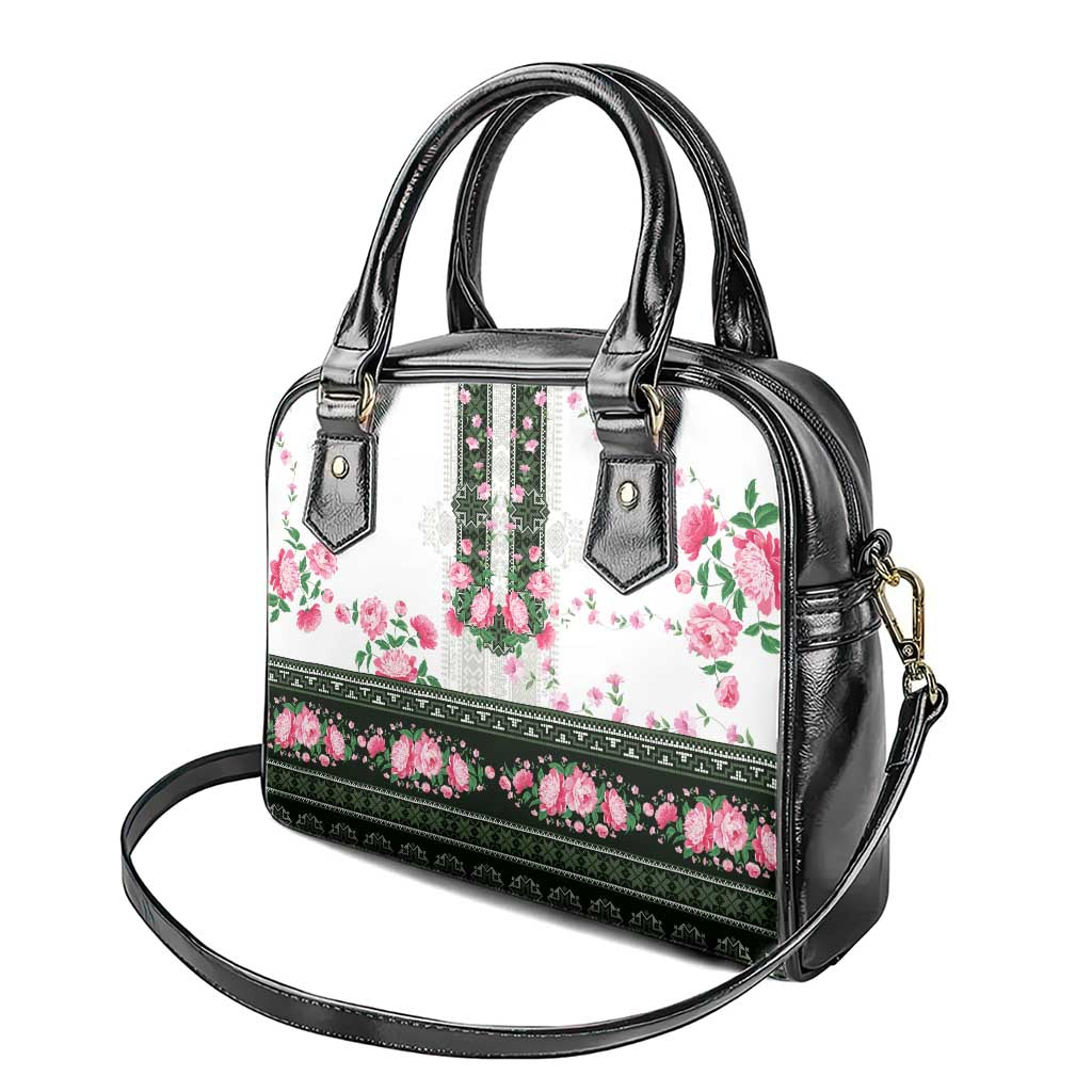 Green Romanian National Costume Shoulder Handbag Peony Flowers Traditional Folk Pattern - Wonder Print Shop