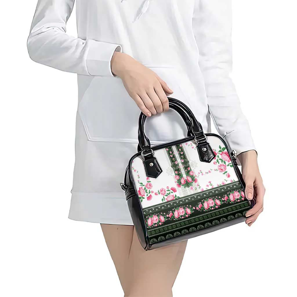 Green Romanian National Costume Shoulder Handbag Peony Flowers Traditional Folk Pattern - Wonder Print Shop
