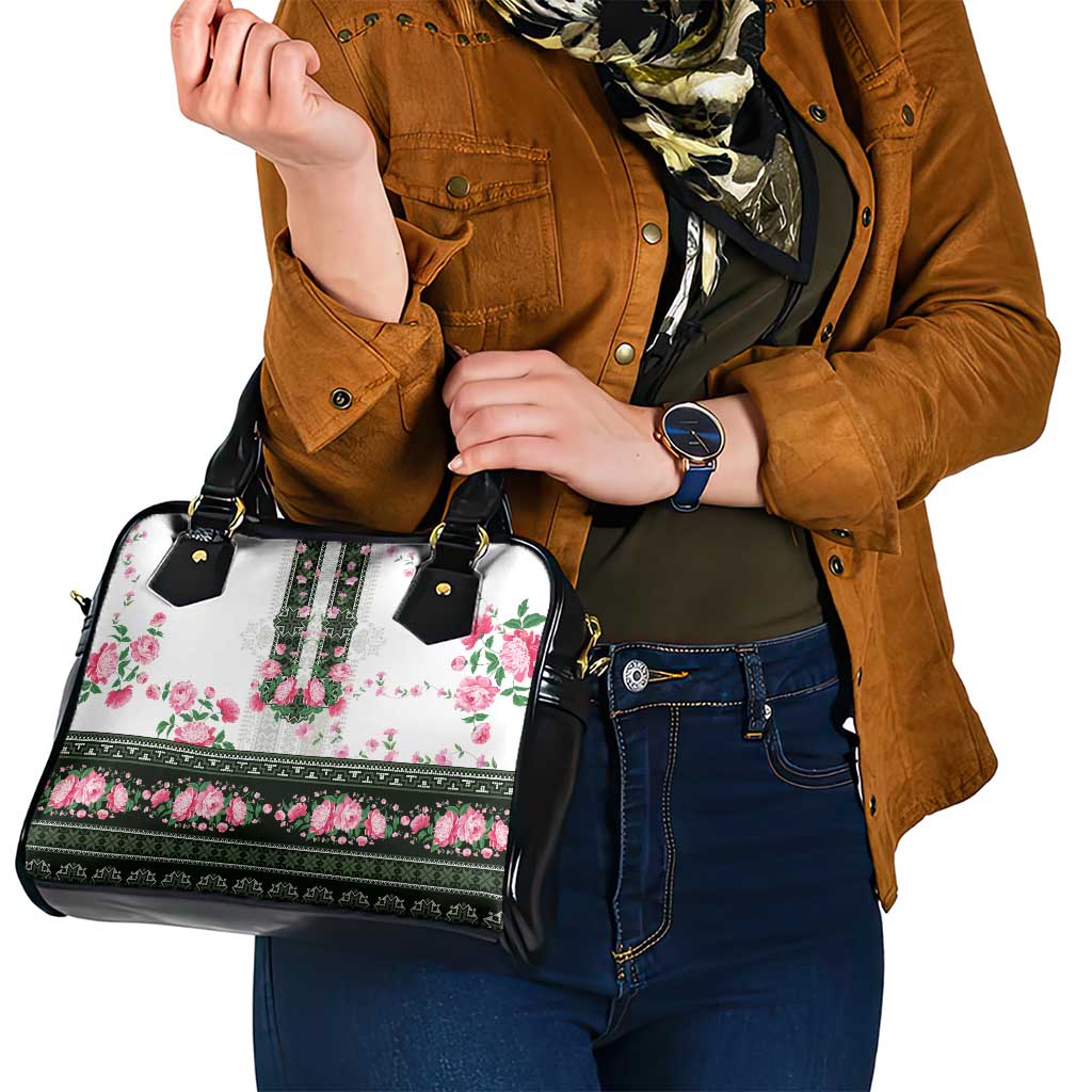 Green Romanian National Costume Shoulder Handbag Peony Flowers Traditional Folk Pattern - Wonder Print Shop