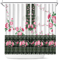 Green Romanian National Costume Shower Curtain Peony Flowers Traditional Folk Pattern - Wonder Print Shop