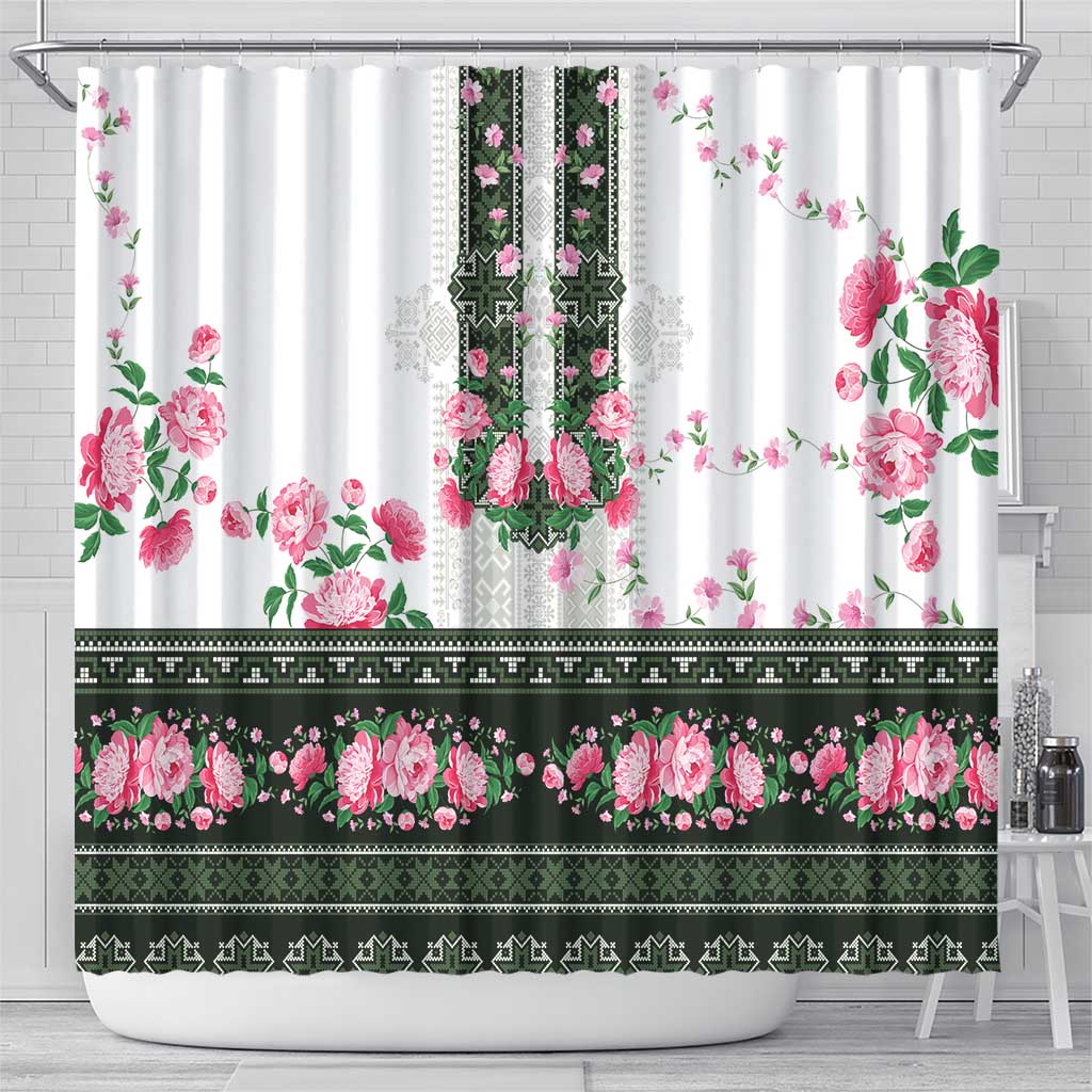Green Romanian National Costume Shower Curtain Peony Flowers Traditional Folk Pattern - Wonder Print Shop