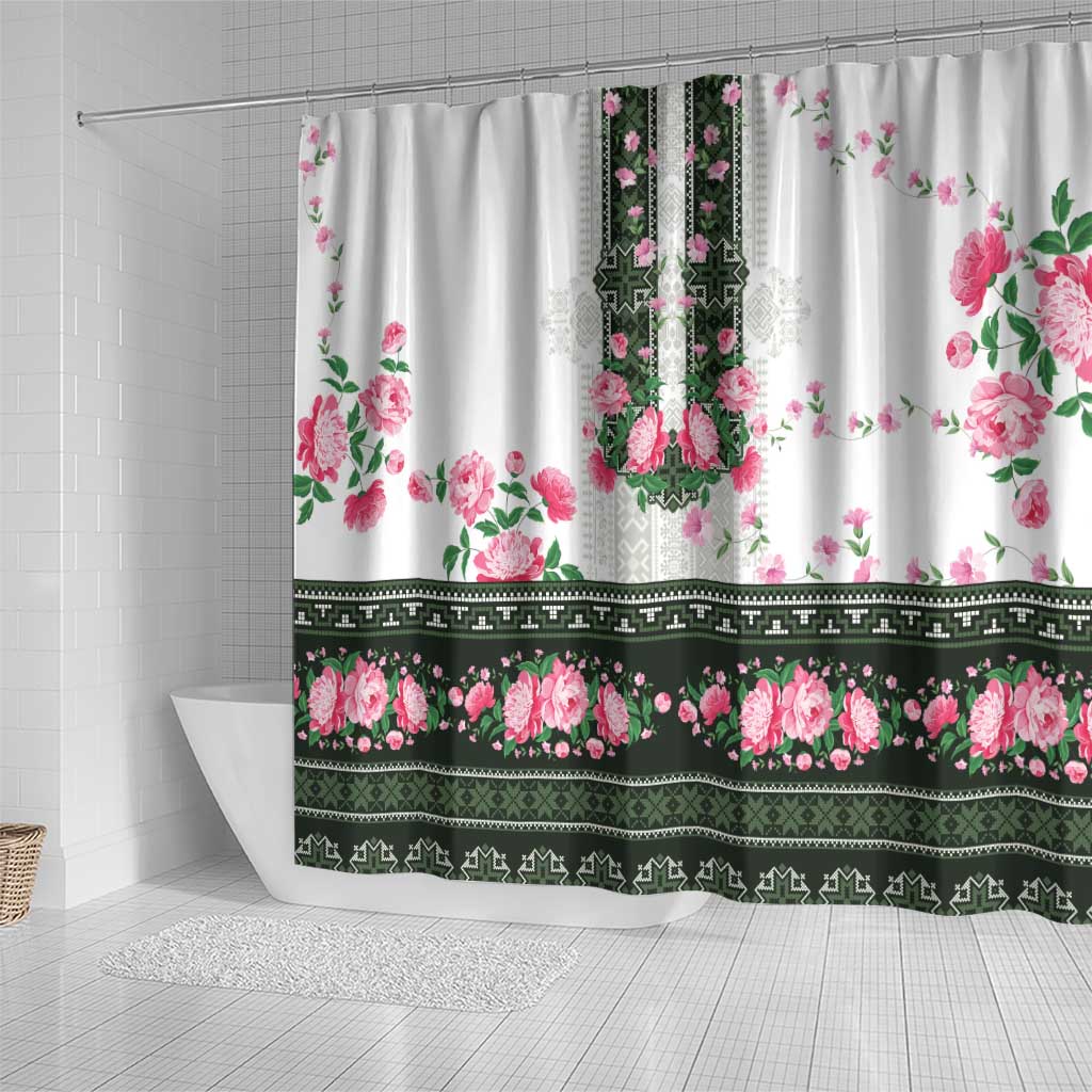 Green Romanian National Costume Shower Curtain Peony Flowers Traditional Folk Pattern - Wonder Print Shop