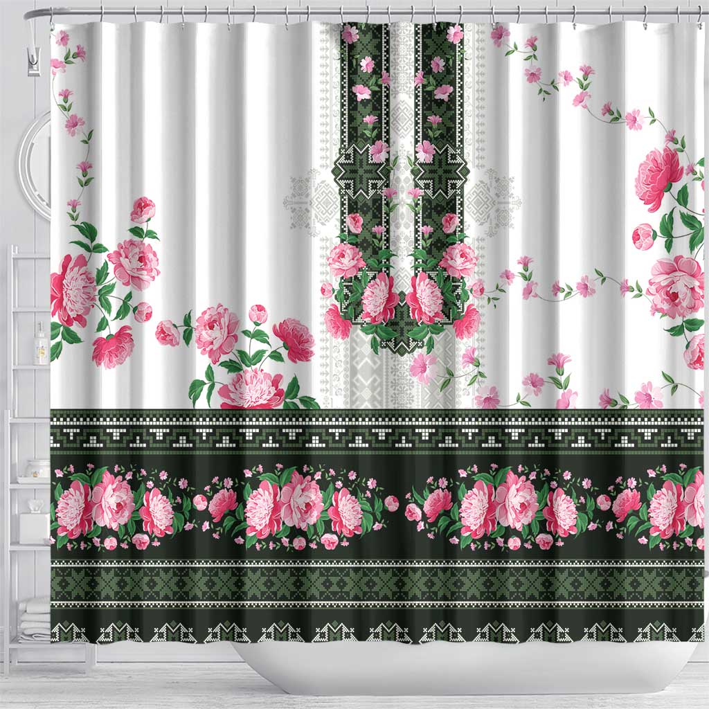 Green Romanian National Costume Shower Curtain Peony Flowers Traditional Folk Pattern - Wonder Print Shop
