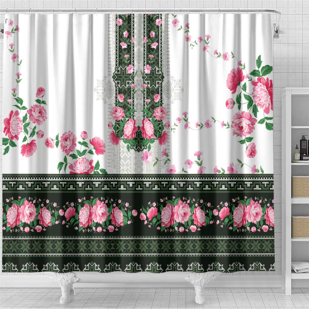 Green Romanian National Costume Shower Curtain Peony Flowers Traditional Folk Pattern - Wonder Print Shop