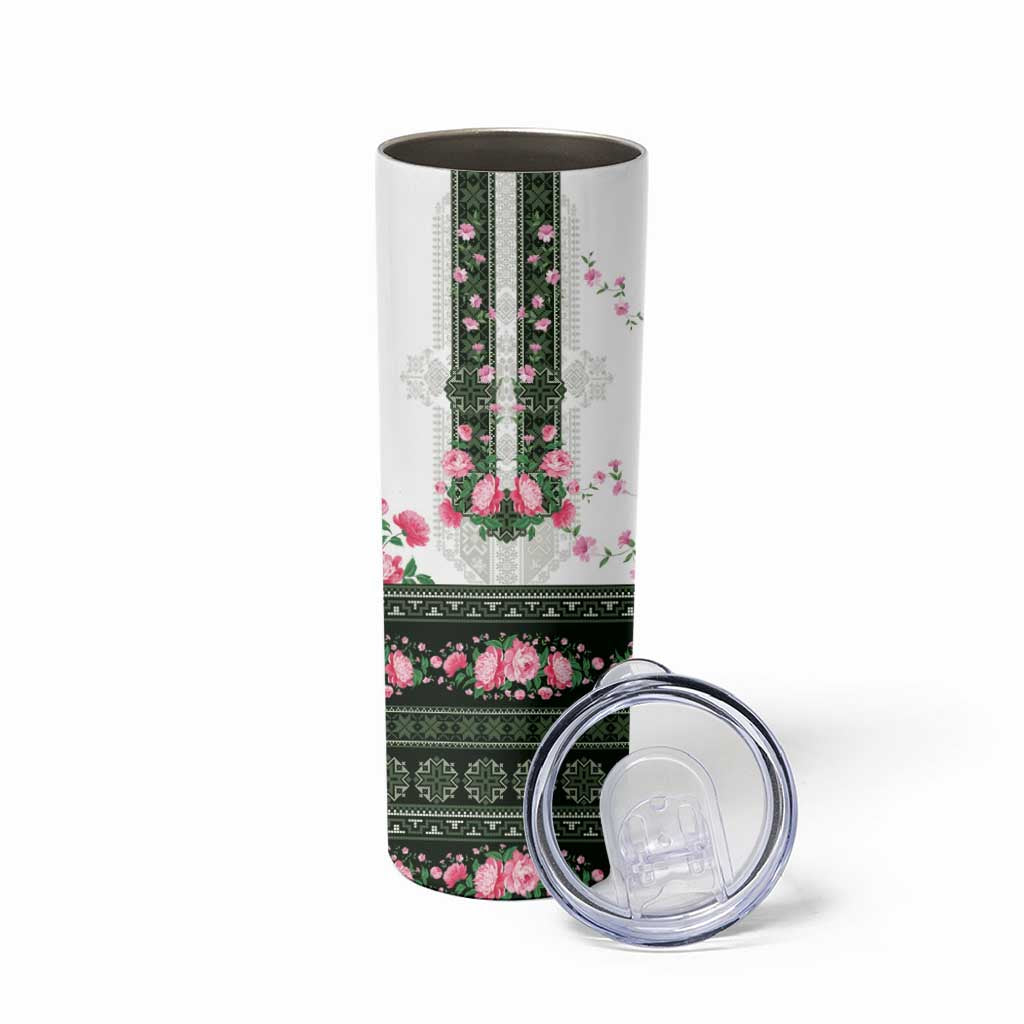 Green Romanian National Costume Skinny Tumbler Peony Flowers Traditional Folk Pattern - Wonder Print Shop