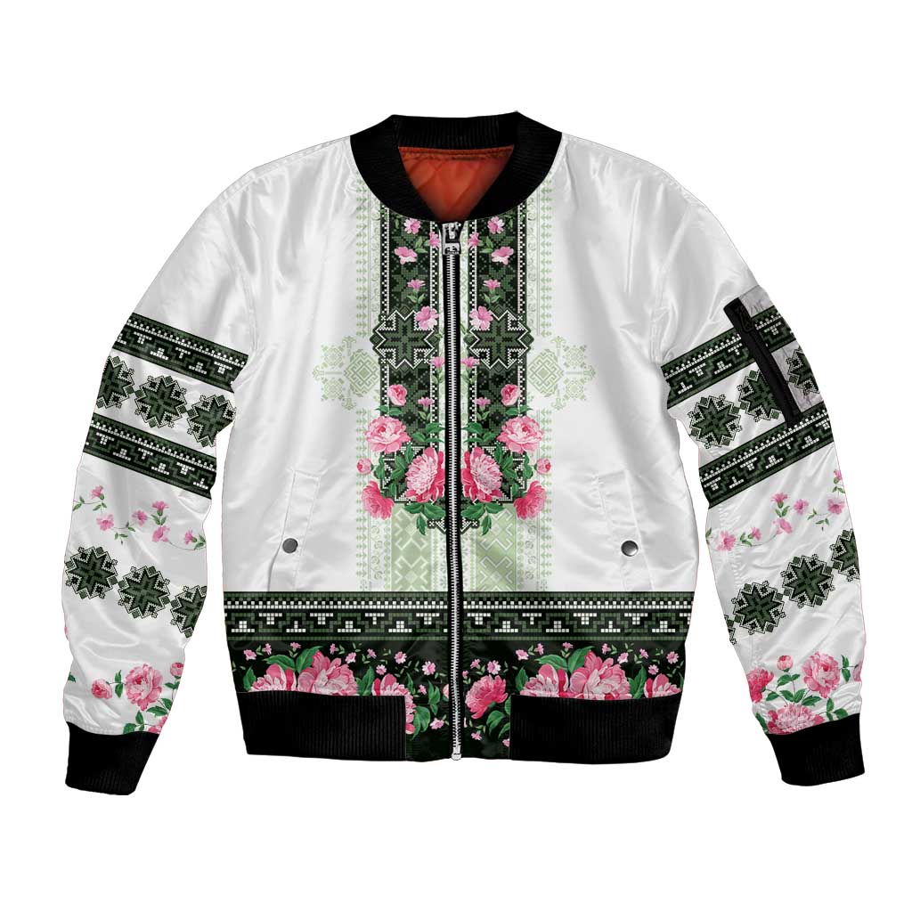 Green Romanian National Costume Sleeve Zip Bomber Jacket Peony Flowers Traditional Folk Pattern - Wonder Print Shop