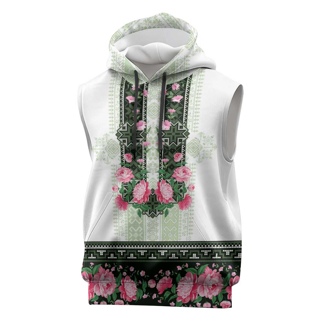 Green Romanian National Costume Sleeveless Hoodie Peony Flowers Traditional Folk Pattern - Wonder Print Shop