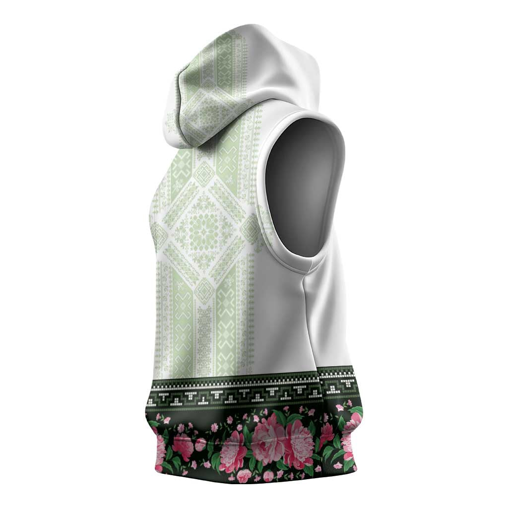 Green Romanian National Costume Sleeveless Hoodie Peony Flowers Traditional Folk Pattern - Wonder Print Shop