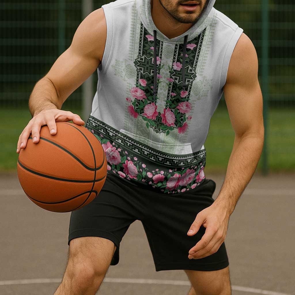 Green Romanian National Costume Sleeveless Hoodie Peony Flowers Traditional Folk Pattern - Wonder Print Shop
