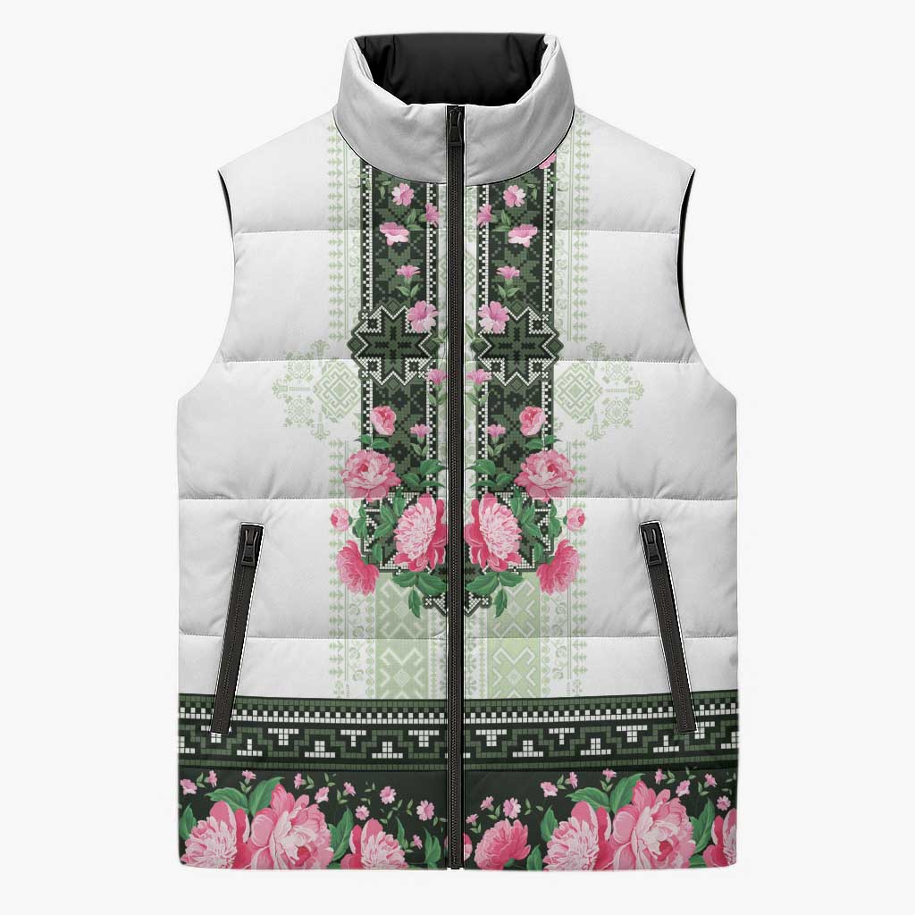 Green Romanian National Costume Sleeveless Puffer Jacket Peony Flowers Traditional Folk Pattern - Wonder Print Shop