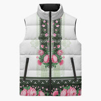 Green Romanian National Costume Sleeveless Puffer Jacket Peony Flowers Traditional Folk Pattern - Wonder Print Shop