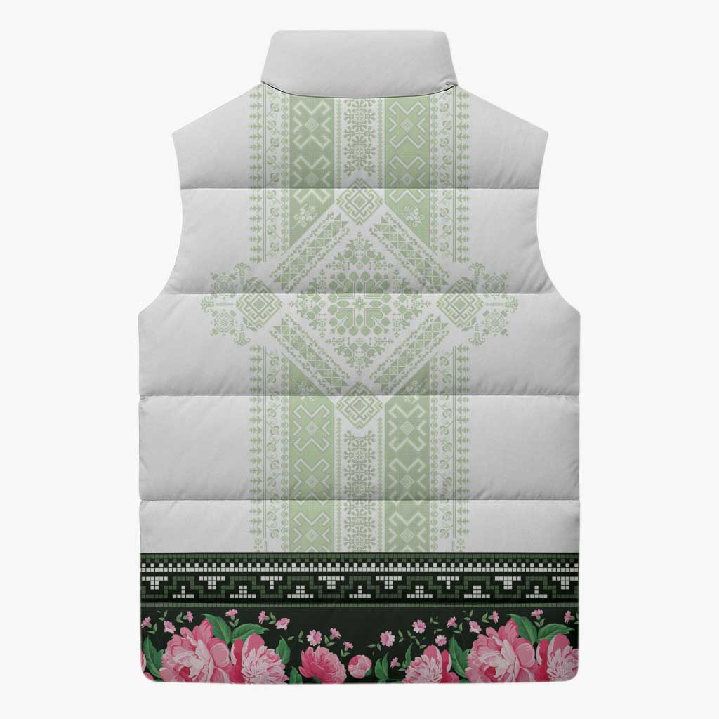 Green Romanian National Costume Sleeveless Puffer Jacket Peony Flowers Traditional Folk Pattern - Wonder Print Shop